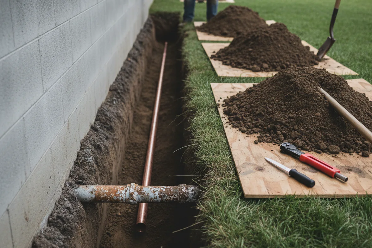 Excavated water line trench during Sewer Line Repair in Campton